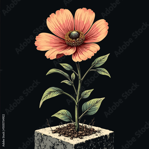 Illustrated flower sprouting from concrete block on a dark background . T-shirt print