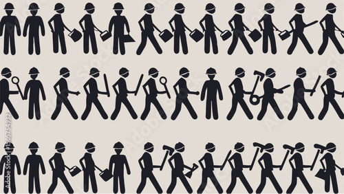 Silhouette pattern of construction workers in various poses carrying tools and wearing hard hats repeated |eps vectors