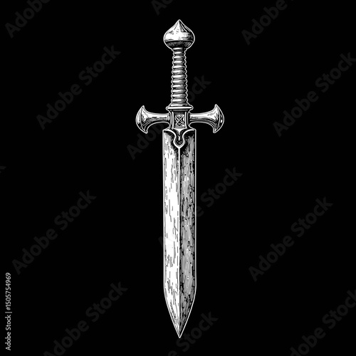Sword illustration in vintage style on black background  T-shirt print 