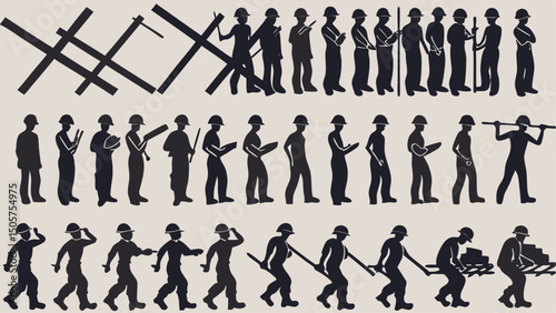 Silhouettes of construction workers in various poses and activities with wooden barriers shown above them |eps vectors
