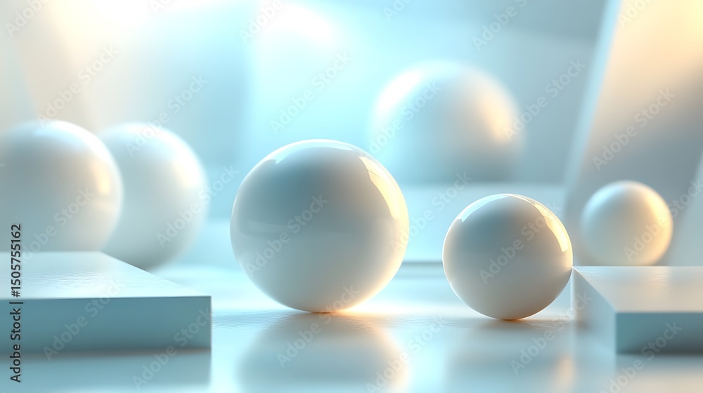 Fototapeta premium Abstract geometric shapes floating on a soft pastel background, smooth spheres, cubes, and cones casting delicate shadows, dreamy ambient light. Created Using: Studio lighting simulation,