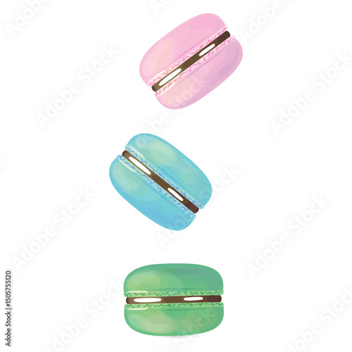 Macaroons banner. Three sweet cakes with chocolat. French dessert. Watercolor vector illustration on white background.
