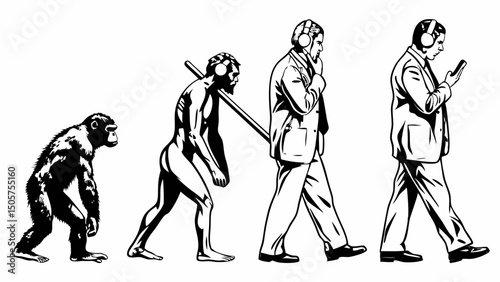Evolution of man depicted through stages progressing from ape to modern man with headphones and phone |eps vectors