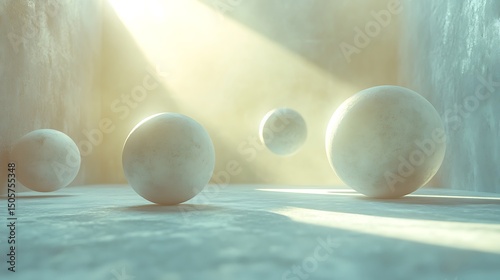 Abstract geometric shapes floating on a soft pastel background, smooth spheres, cubes, and cones casting delicate shadows, dreamy ambient light. Created Using: Studio lighting simulation,