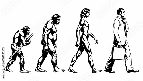 Illustration showing the evolution of man from ape-like creature to modern businessman with briefcase and suit |eps vectors