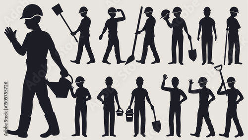 Silhouette illustration showing construction workers in various poses with different tools and equipment |eps vectors