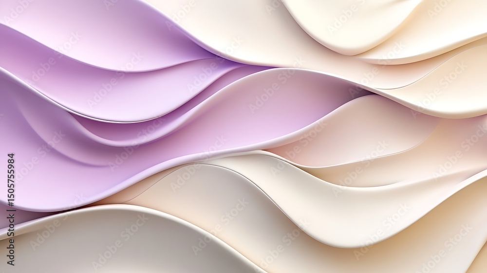 Obraz premium Calm minimalist abstract waves undulating gently across a pale lavender and soft ivory background, flowing curves bathed in diffused natural light.