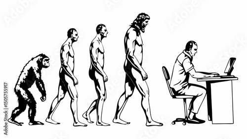Illustration showing the evolution of man from ape to modern office worker using a computer at a desk |eps vectors