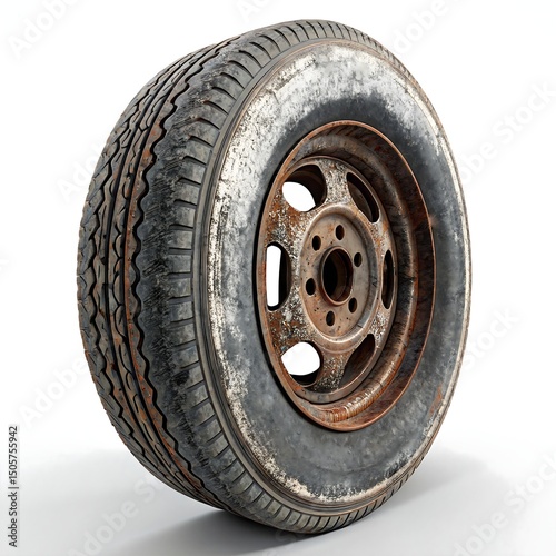 Old Car Tire and Wheel with Visible Signs of Wear