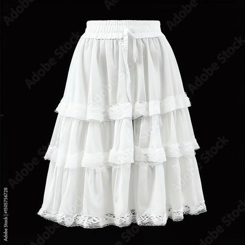 elegant white lace ruffle skirt on black background, fashionable women's white skirt with ruffle design, clothing, apparel, elegant, stylish, trendy, chic, feminine, garment, design, fabric, outfit
