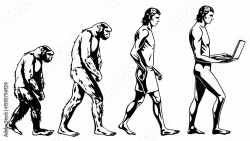 Evolution illustration showing ape to modern man using a laptop in black and white drawing style |eps vectors