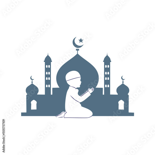 Young muslim boy praying in front of mosque silhouette