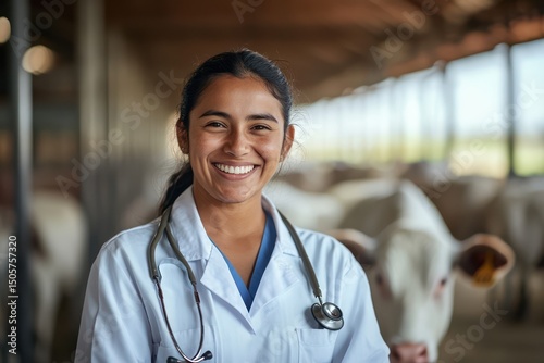 Smiling veterinarian in livestock facility showing animal care photo