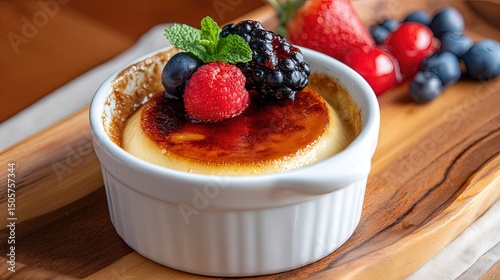 Classic egg custard pudding with caramel top in rustic ceramic dish, styled dessert photography
