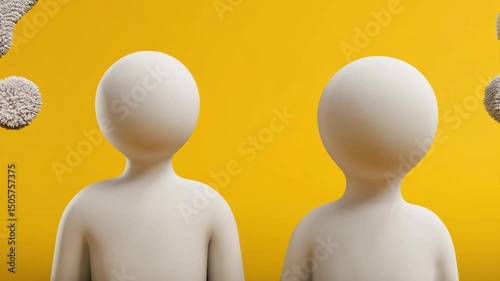 Two blank human figures facing each other with fuzzy question marks on a solid yellow background symbolizing confusion