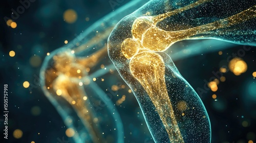 Close-up, highly detailed shot of a knee joint surrounded by stiff, viscous synovial fluid. As OptiMSM molecules, glowing bright golden 