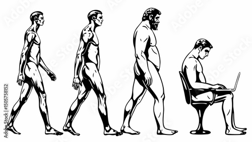 Evolution of man depicted in black and white showing stages from walking to sitting with a laptop computer |eps vectors