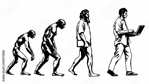 Evolution illustration showing stages of human development from ape to modern man with laptop in black and white |eps vectors