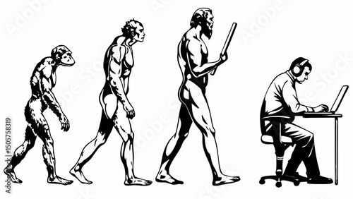 Evolution of man depicting a transition from ape to modern human using a laptop and headphones now days |eps vectors