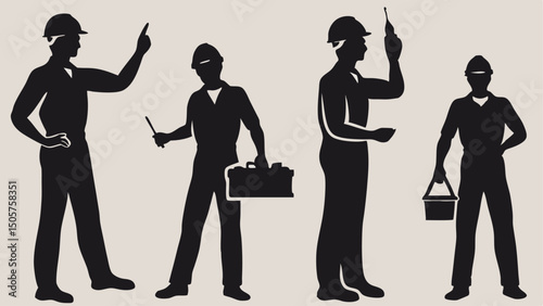 Silhouette illustration of four construction workers with tools and hard hats in various poses and stances |eps vectors
