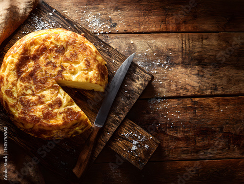 Whole tortilla espanola on a rustic wooden board with a sharp knife and scattered coarse salt