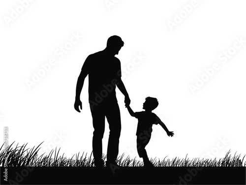 Father and Son Silhouette Walking in Grass, Silhouette of Father Holding Son’s Hand While Walking in Grass, Father’s Day Concept