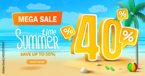 Summer time, sale offer 40 percentage, flyer save season. Vector illustration