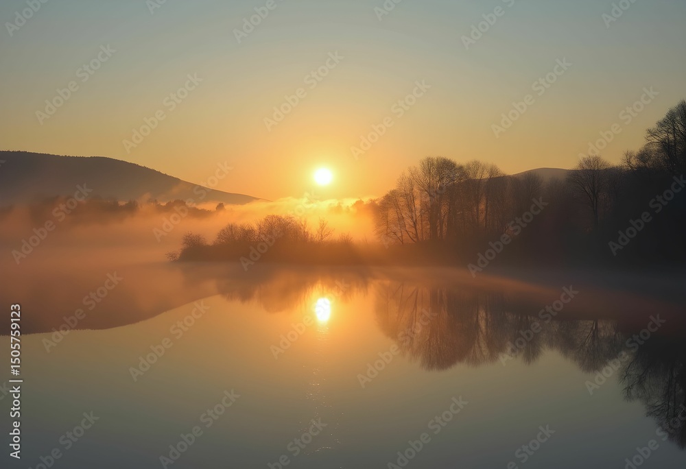 Naklejka premium Golden Sun Rises Over Misty Lake