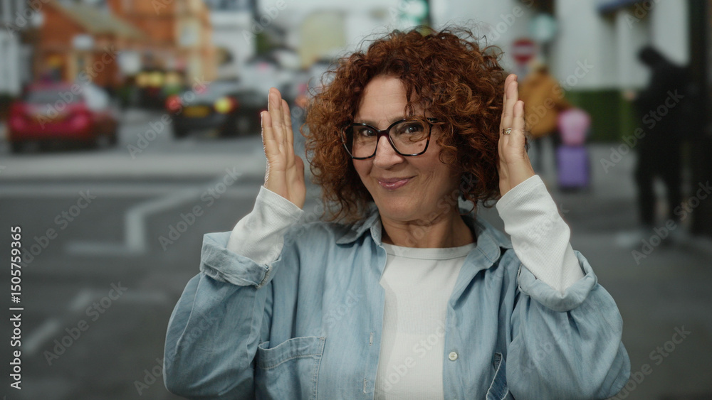 Fototapeta premium Woman gesturing framing with her hands on a bustling city street, capturing the essence of middle age, outdoor setting, and vibrant urban life.