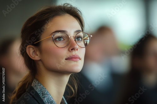 Businesswoman at corporate conference waiting for speaker photo