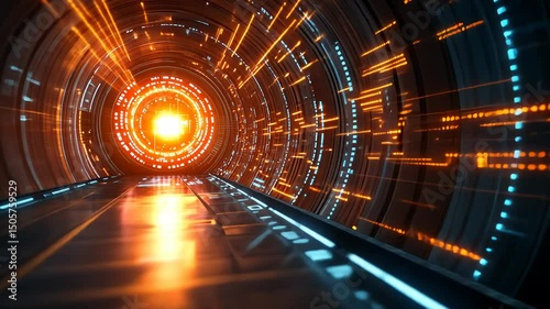 Futuristic tunnel with glowing orange and blue digital data streams