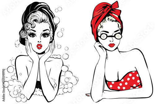 Vintage Style Illustration of Glamorous Women in Bathing Attire