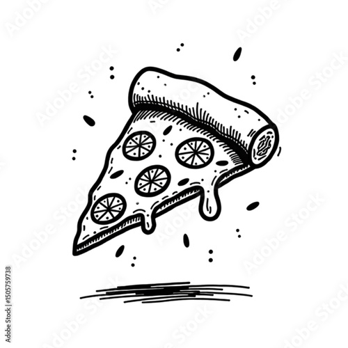 Playful sketch of a slice of pizza with toppings in black and white