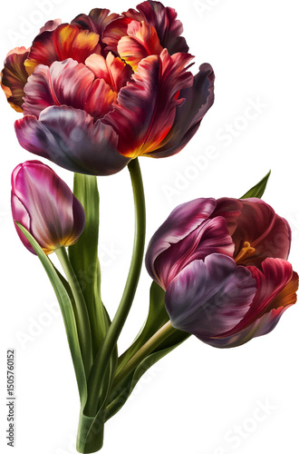 Colorful tulip flowers isolated on a transparent background. Vintage painting style illustration.