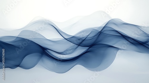 Minimalist abstract curved waves in deep indigo and soft gray hues, elegant flowing motion across a misty light background, peaceful modern design. Created Using: Smooth gradient layering,
