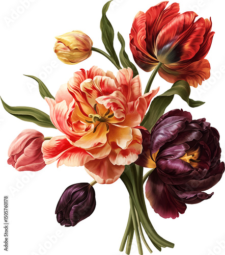 Fototapeta Naklejka Na Ścianę i Meble -  Colorful tulip flowers isolated on a transparent background. Vintage painting style illustration.