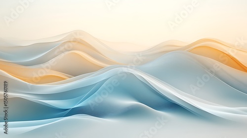 Minimalistic flowing abstract waves in subtle dusty blue and sandy beige tones, fluid organic motion blending into a clean light background. Created Using: Cinematic pastel color palette,