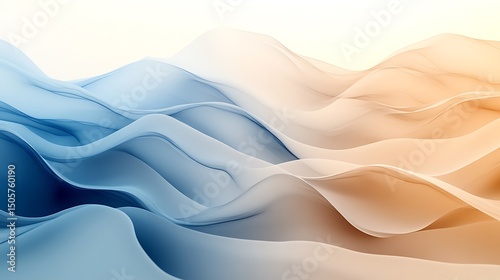 Minimalistic flowing abstract waves in subtle dusty blue and sandy beige tones, fluid organic motion blending into a clean light background. Created Using: Cinematic pastel color palette,