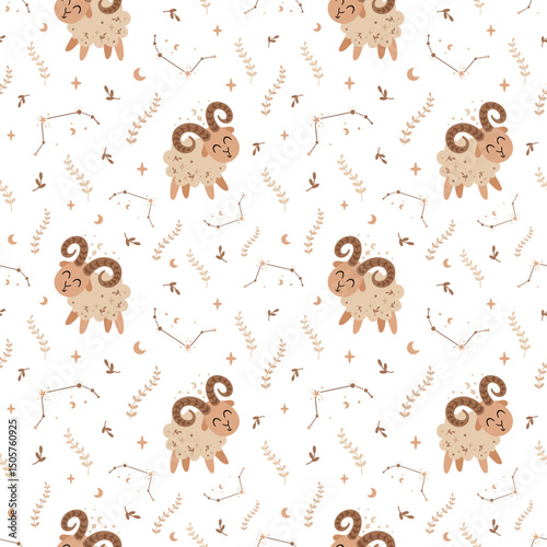 Aries Zodiac sign seamless pattern in boho style - cute whimsical horoscope design for kids. Celestial hand drawn vector pattern in flat style.
