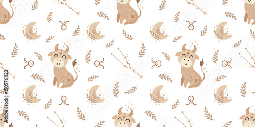 Taurus Zodiac sign seamless pattern in boho style - cute whimsical horoscope design for kids. Celestial hand drawn vector pattern in flat style.