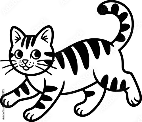 Playful tabby kitten cartoon black and white