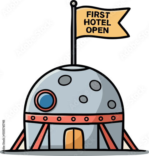 Moon-shaped dome hotel with flag first hotel open creative architecture vector illustration 