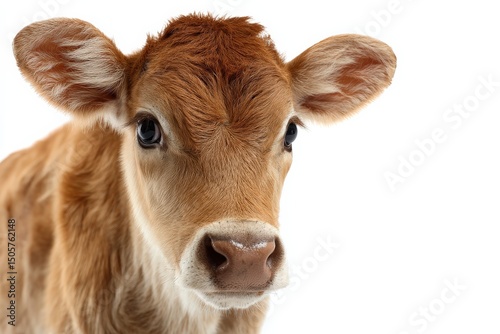 Adorable Jersey calf portrait against a white background.