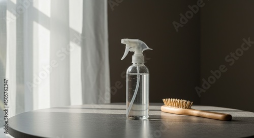 Minimalist scene with water spray bottle and wooden hairbrush on round table in natural light