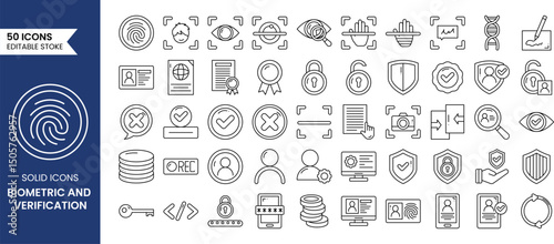 Biometric and Verification line editable icon set. Containing ID card, biometric, fingerprint check, person identification, signature, passport and more. Vector illustration