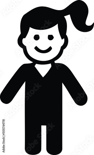 Simple and cheerful black and white vector illustration of a girl smiling with ponytail in playful style