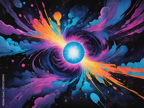 Abstract digital artwork featuring a glowing geometric shape in vibrant neon colors, surrounded by dynamic light effects and a futuristic aesthetic.