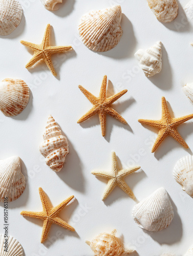 Overhead shot of starfish and seashells scattered on a white surface in a bright studio light