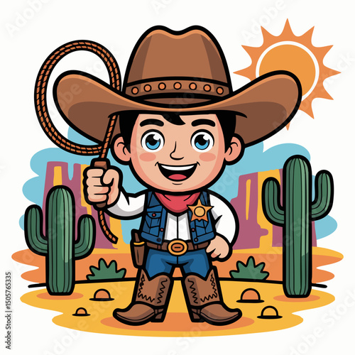 Cute Cartoon Cowboy Character Illustration – Kid-Friendly Western Mascot with Hat, Lasso, Boots and Big Smile in Flat Vector Style