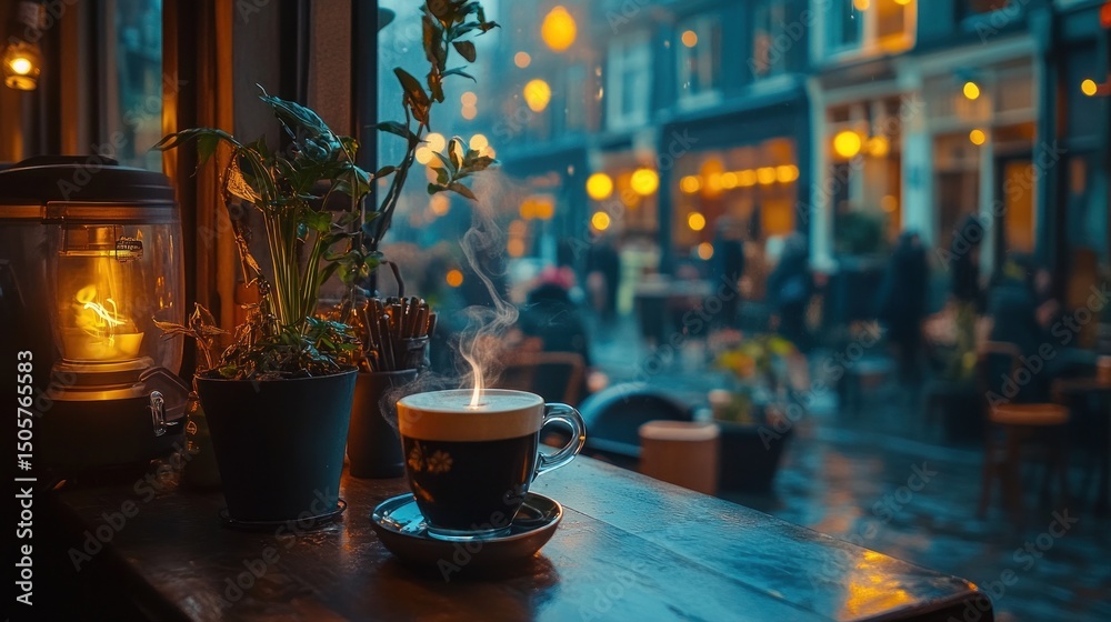 Steaming coffee, cafe window, rainy city, night Steaming coffee, cafe window, rainy city, night